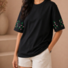 Vine bloom embroidered oversized tshirt front view floral sleeves LabelResha women