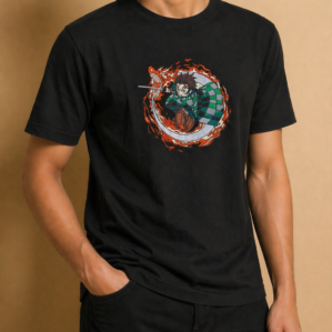 Anime embroidered tshirt India flame circle oversized black 240 GSM LabelResha