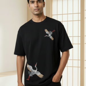 Dual Crane Embroidered Oversized Black T-Shirt | Premium Japanese Crane Design