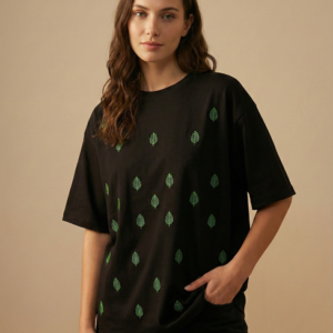 Vine Leaf Bloom Embroidered Oversized T-Shirt – 240 GSM French Terry (Women)