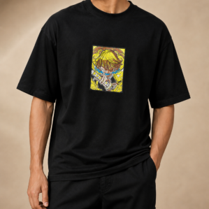Anime embroidered tshirt India thunder god 78661 stitches oversized black 240 GSM LabelResha